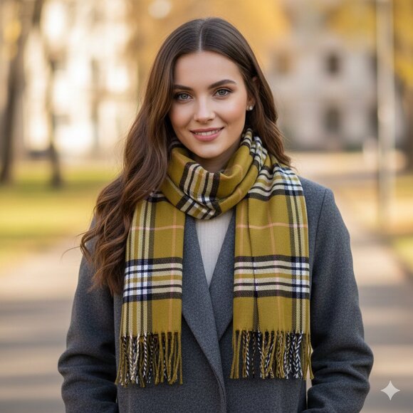 Italy Design Accessories - Italy Design Women's Chartreuse Olive Green Plaid Cashmere Blend Fringe Scarf